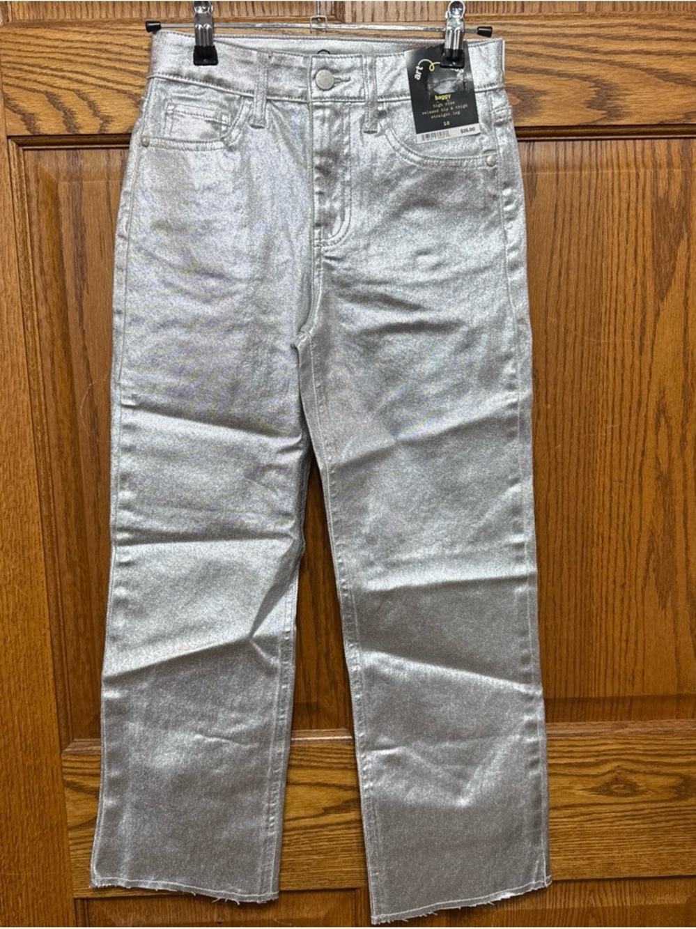 Girls 10 Baggy High-Rise Relaxed Hip/Thigh Metallic Silver Straight-Leg Pants